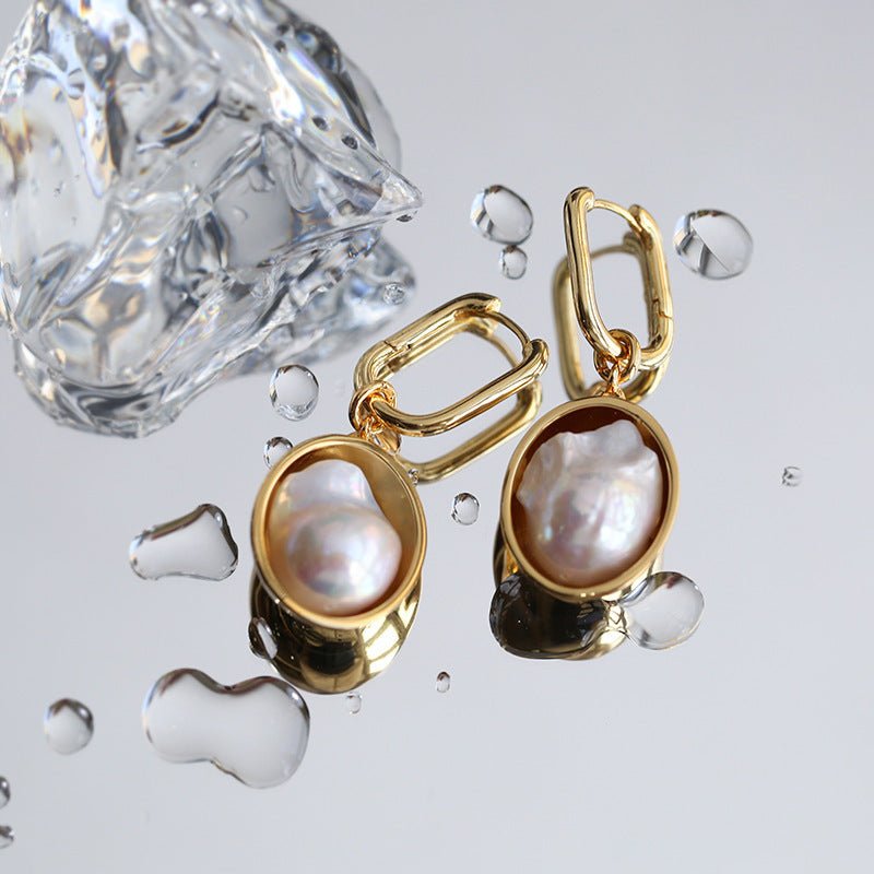 Oval Drop Baroque Shaped Pearl Earrings - floysun