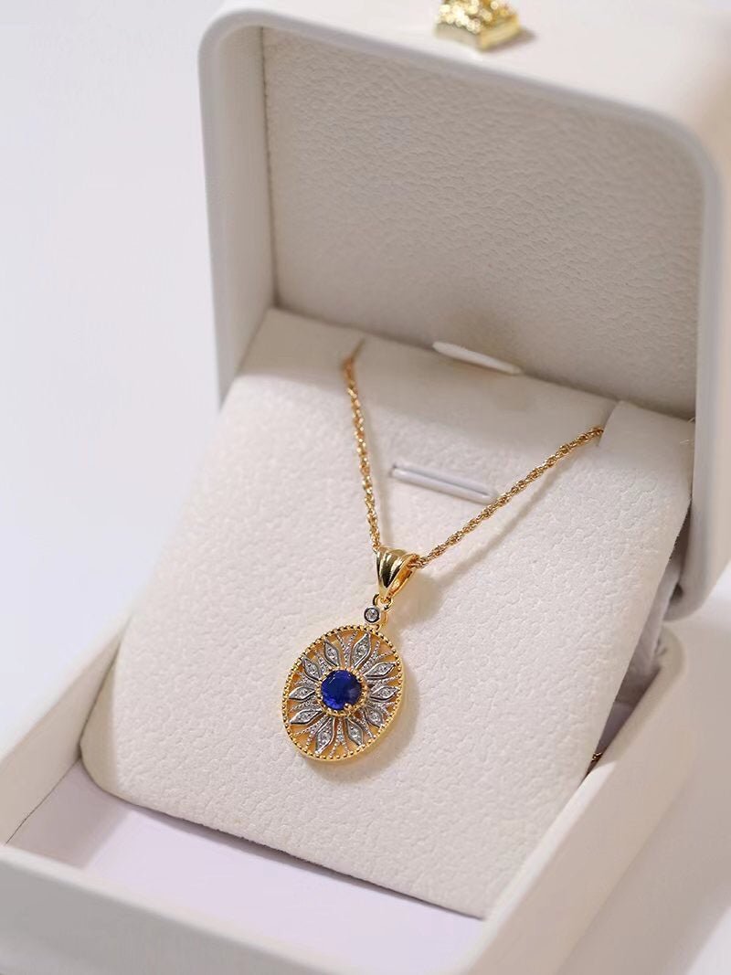 Oval Hollow Silver Petal Wrapped Sapphire Pendant Necklace - floysun