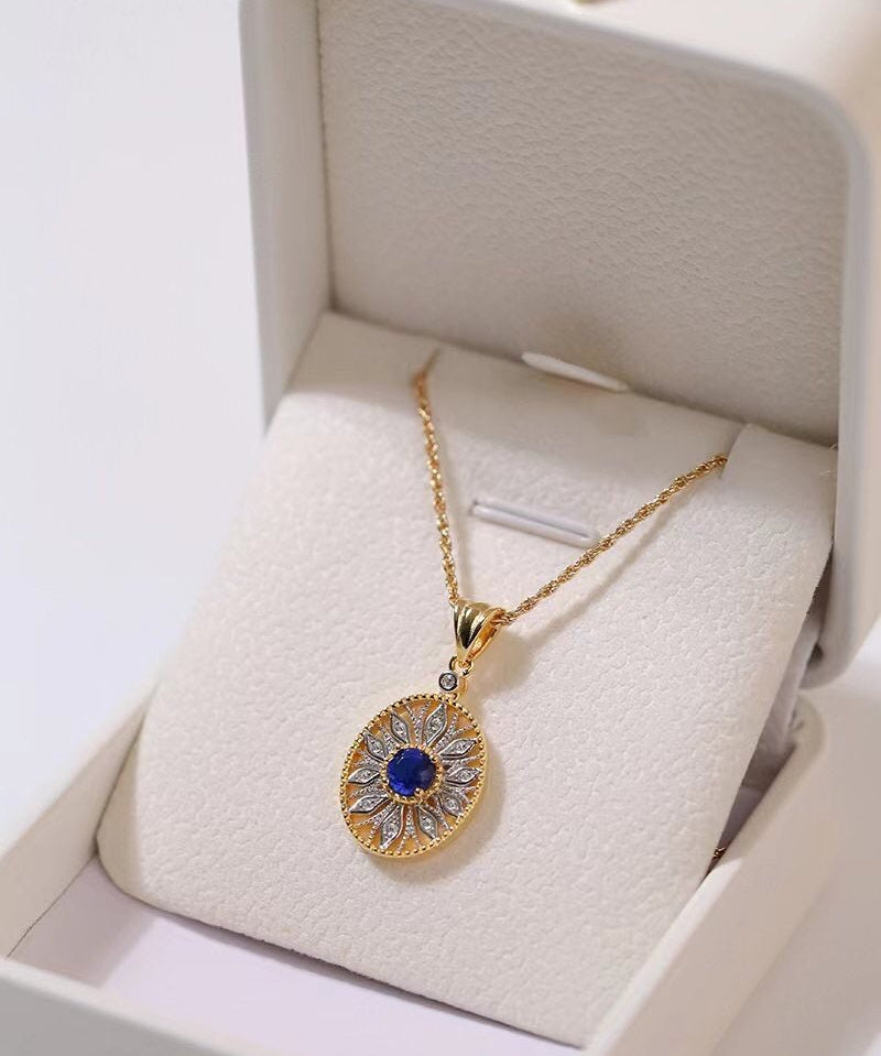 Oval Hollow Silver Petal Wrapped Sapphire Pendant Necklace - floysun