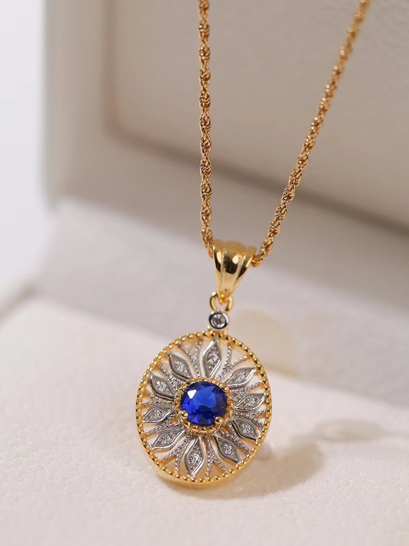 Oval Hollow Silver Petal Wrapped Sapphire Pendant Necklace - floysun