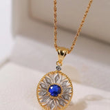 Oval Hollow Silver Petal Wrapped Sapphire Pendant Necklace - floysun