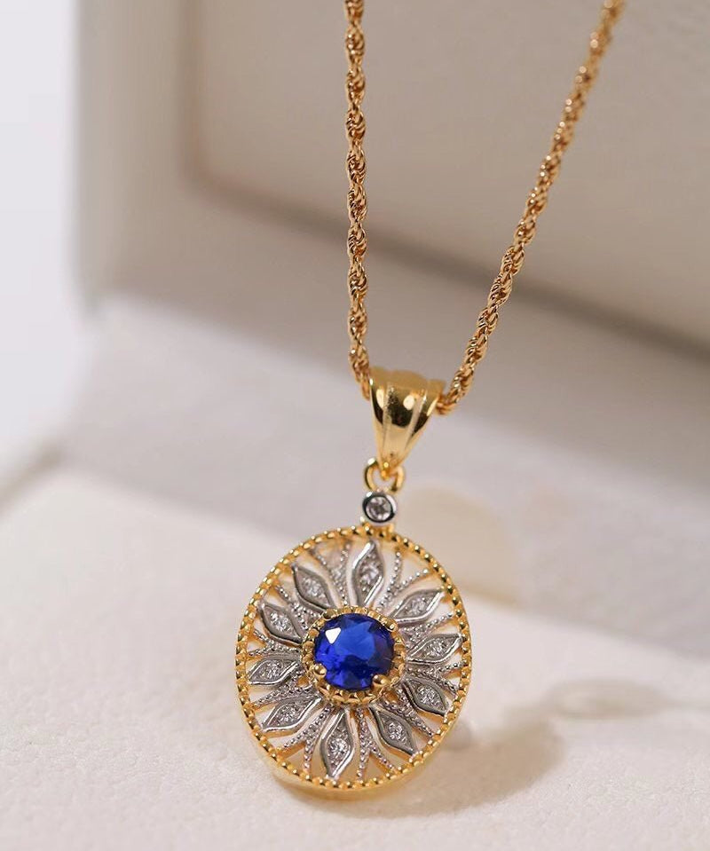 Oval Hollow Silver Petal Wrapped Sapphire Pendant Necklace - floysun