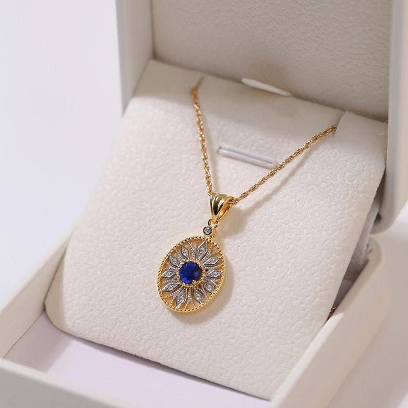 Oval Hollow Silver Petal Wrapped Sapphire Pendant Necklace - floysun