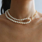 Oval Link Chain Splicing Double Layer Pearl Choker - floysun