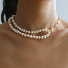 Oval Link Chain Splicing Double Layer Pearl Choker - floysun