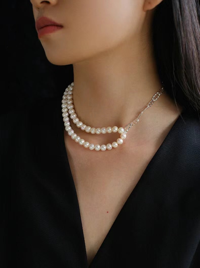 Oval Link Chain Splicing Double Layer Pearl Choker - floysun