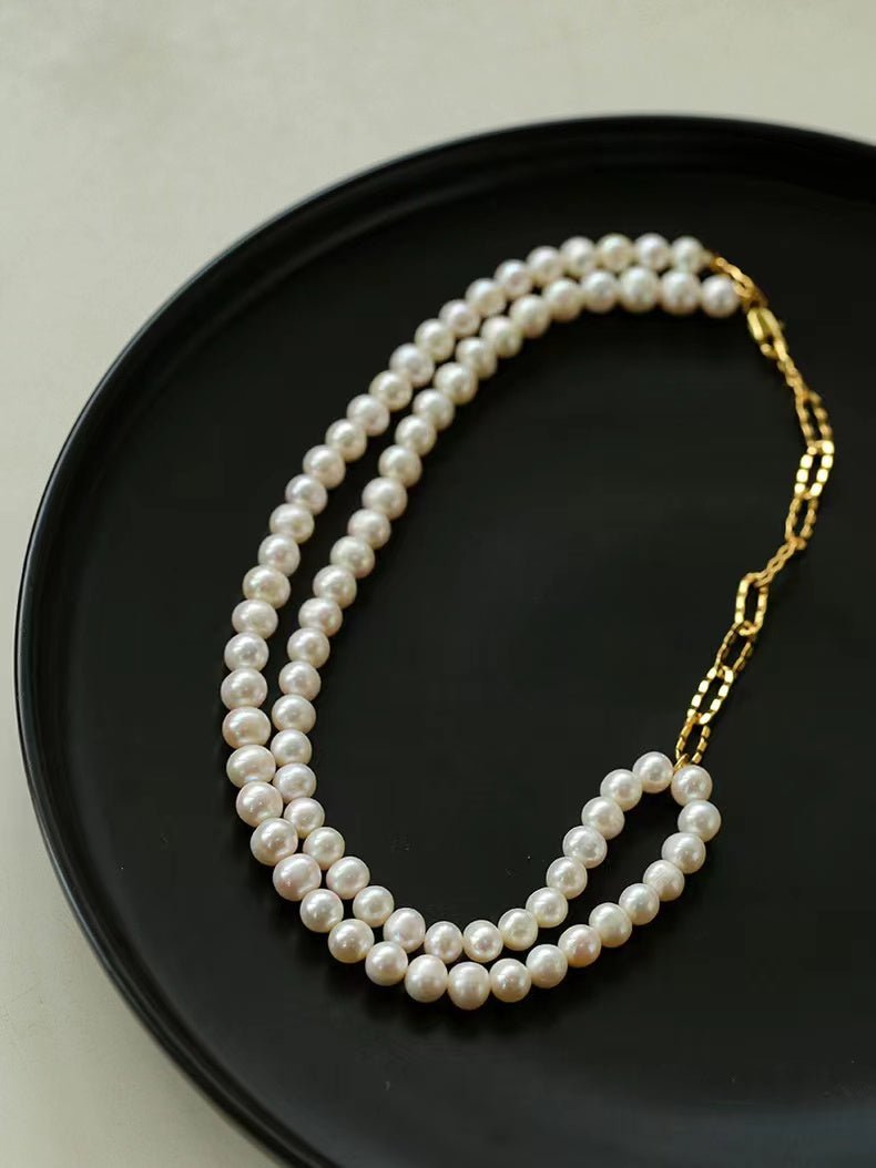 Oval Link Chain Splicing Double Layer Pearl Choker - floysun