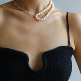 Oval Link Chain Splicing Double Layer Pearl Choker - floysun