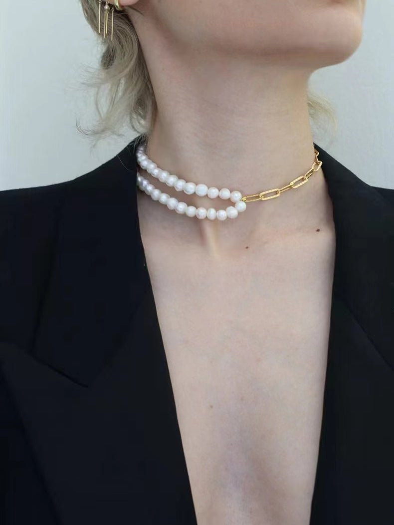 Oval Link Chain Splicing Double Layer Pearl Choker - floysun