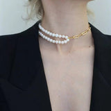 Oval Link Chain Splicing Double Layer Pearl Choker - floysun