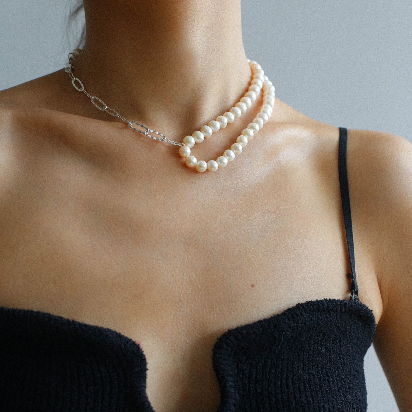 Oval Link Chain Splicing Double Layer Pearl Choker - floysun