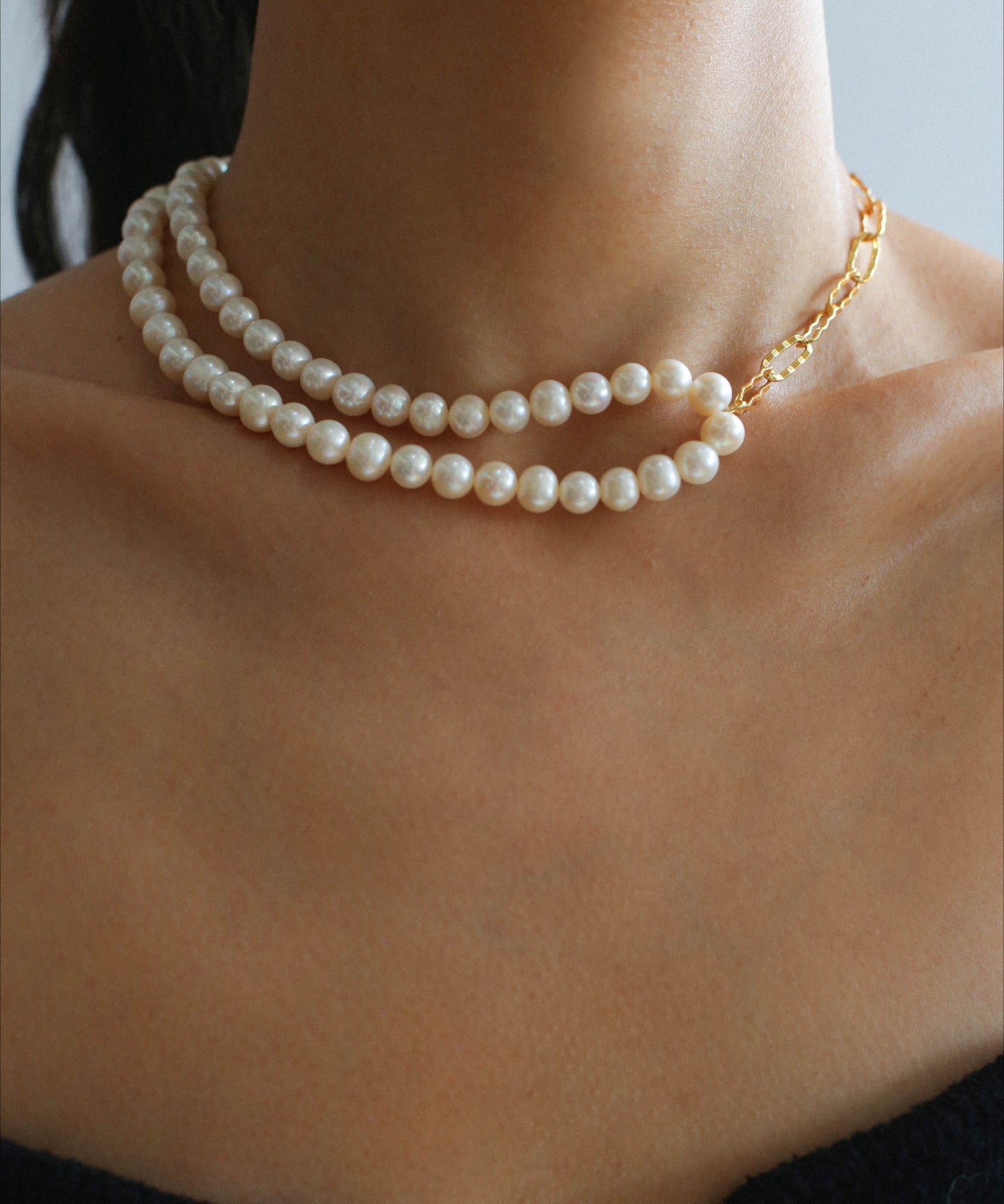 Oval Link Chain Splicing Double Layer Pearl Choker - floysun