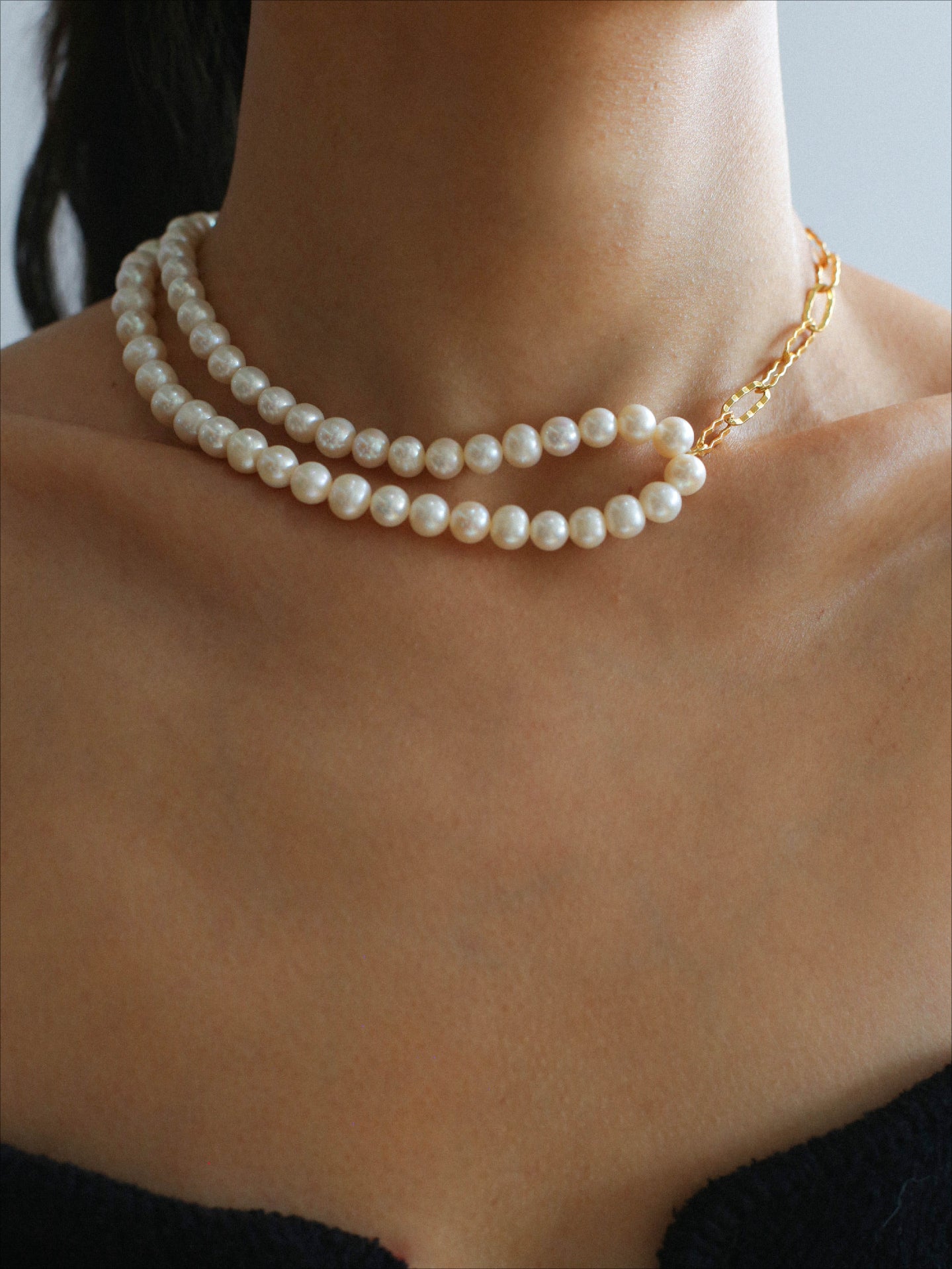 Oval Link Chain Splicing Double Layer Pearl Choker - floysun