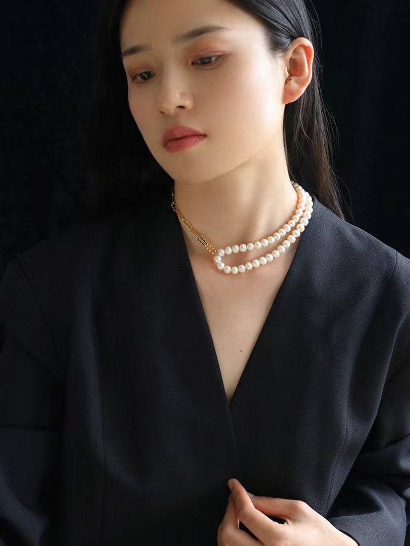 Oval Link Chain Splicing Double Layer Pearl Choker - floysun