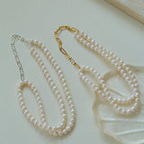 Oval Link Chain Splicing Double Layer Pearl Choker - floysun