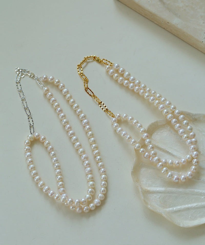 Oval Link Chain Splicing Double Layer Pearl Choker - floysun