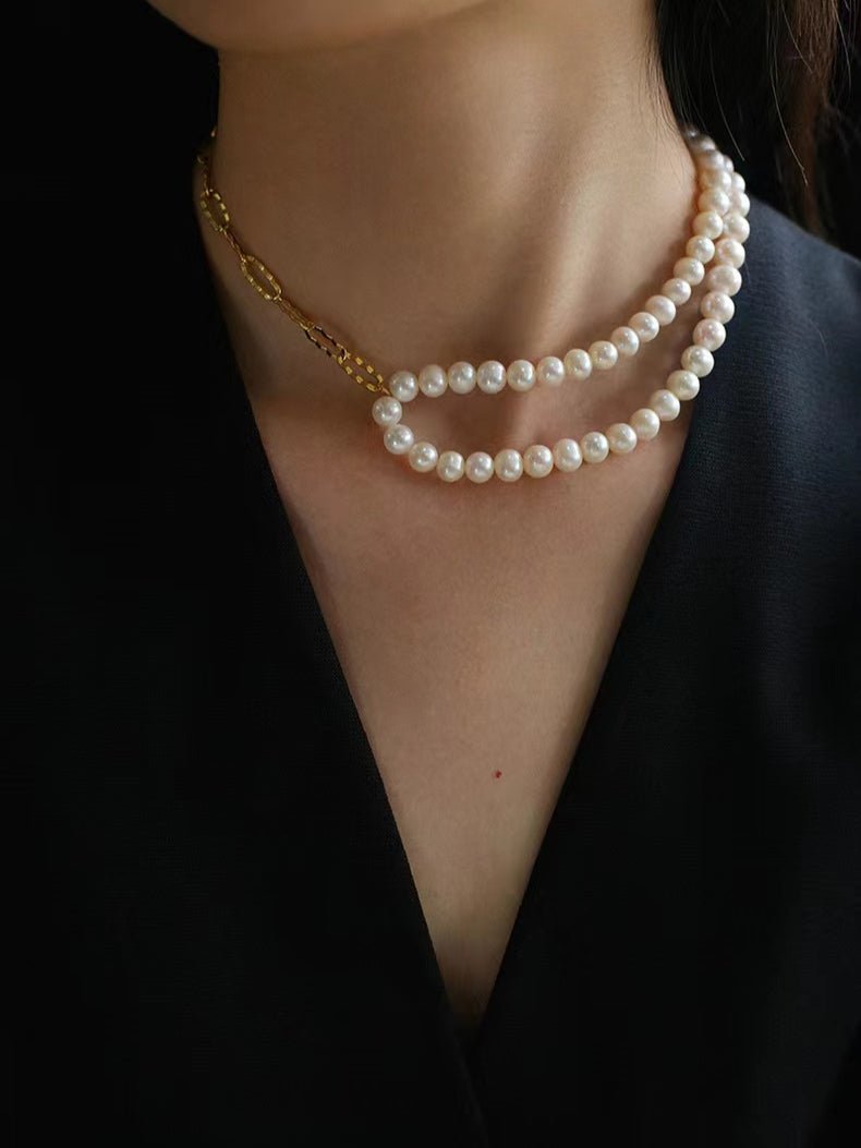 Oval Link Chain Splicing Double Layer Pearl Choker - floysun