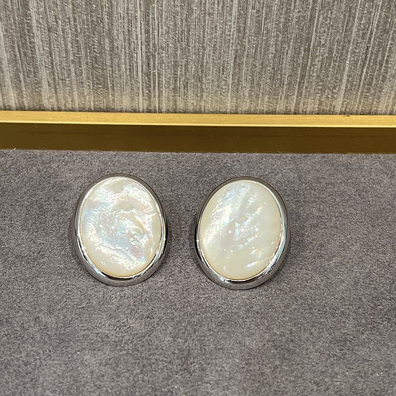 Oval Stud Earrings: White Mother - of - Pearl, Black Agate, Wood Grain Stone - floysun