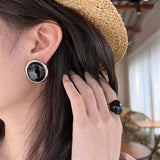 Oval Stud Earrings: White Mother - of - Pearl, Black Agate, Wood Grain Stone - floysun