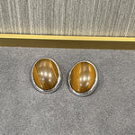 Oval Stud Earrings: White Mother - of - Pearl, Black Agate, Wood Grain Stone - floysun