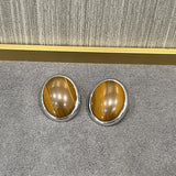 Oval Stud Earrings: White Mother - of - Pearl, Black Agate, Wood Grain Stone - floysun