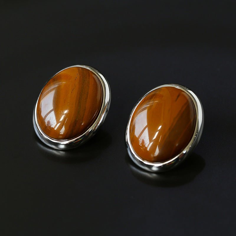 Oval Stud Earrings: White Mother - of - Pearl, Black Onyx, Wood Grain Stone - floysun