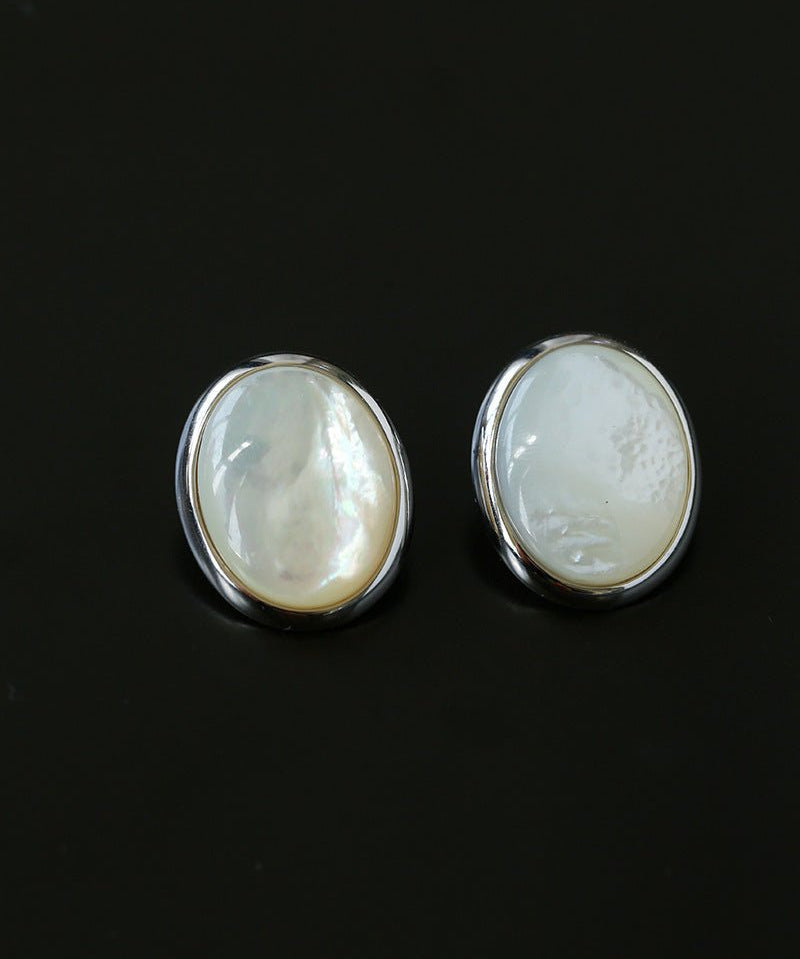 Oval Stud Earrings: White Mother - of - Pearl, Black Onyx, Wood Grain Stone - floysun