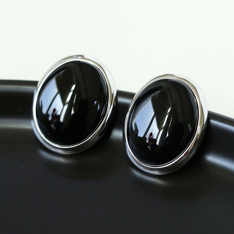 Oval Stud Earrings: White Mother - of - Pearl, Black Onyx, Wood Grain Stone - floysun