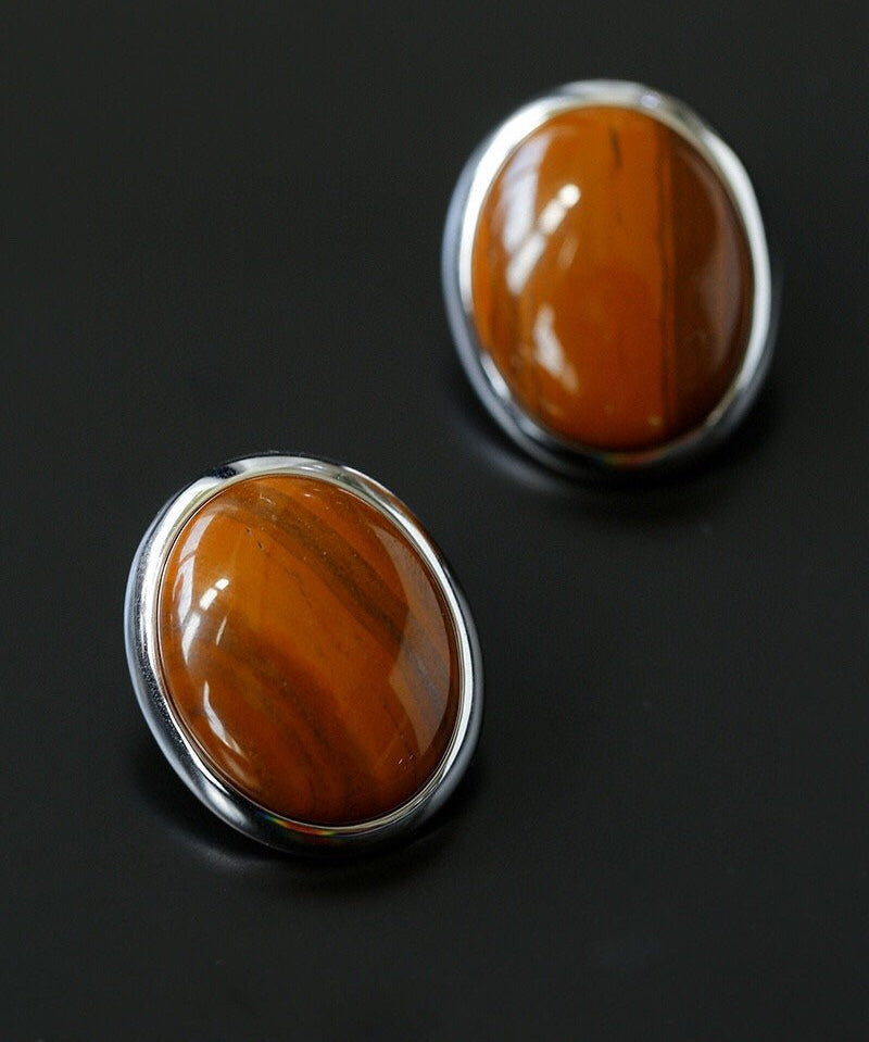 Oval Stud Earrings: White Mother - of - Pearl, Black Onyx, Wood Grain Stone - floysun