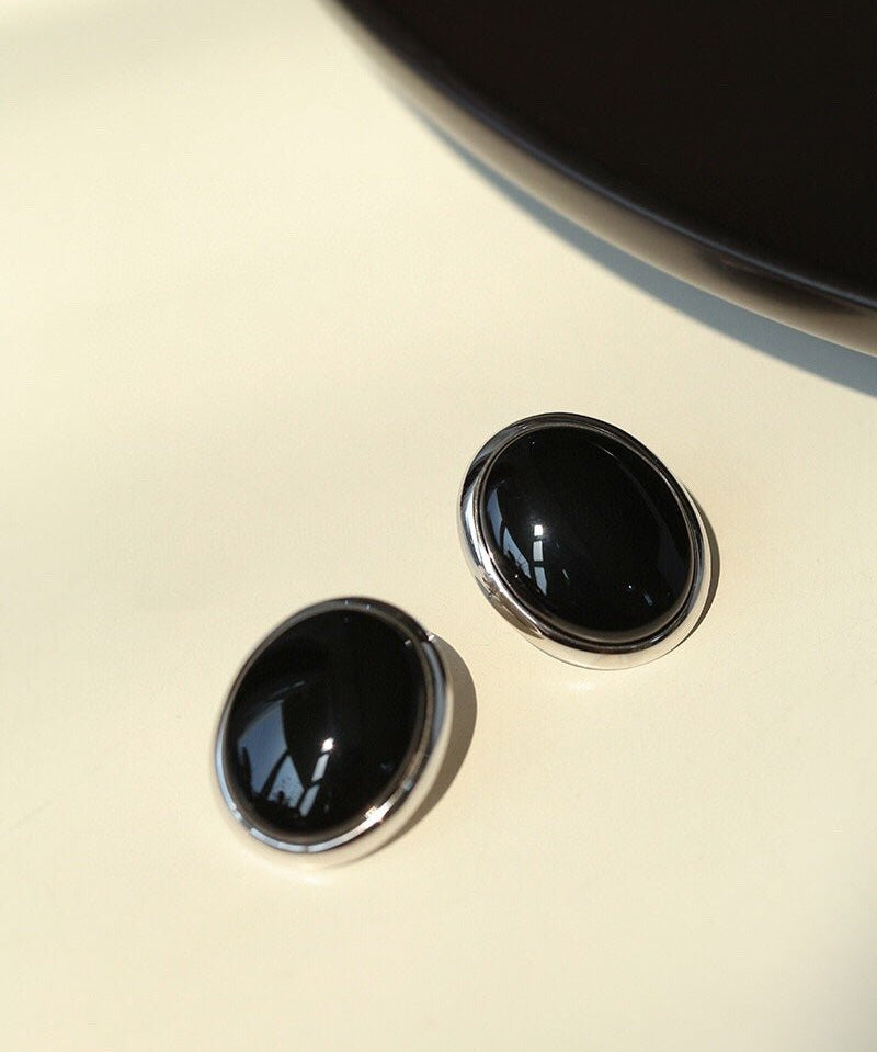 Oval Stud Earrings: White Mother - of - Pearl, Black Onyx, Wood Grain Stone - floysun