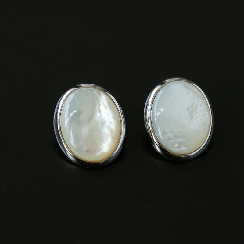 Oval Stud Earrings: White Mother - of - Pearl, Black Onyx, Wood Grain Stone - floysun