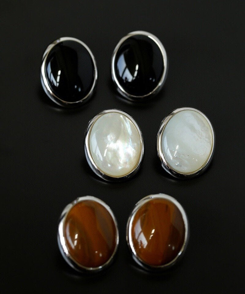 Oval Stud Earrings: White Mother - of - Pearl, Black Onyx, Wood Grain Stone - floysun