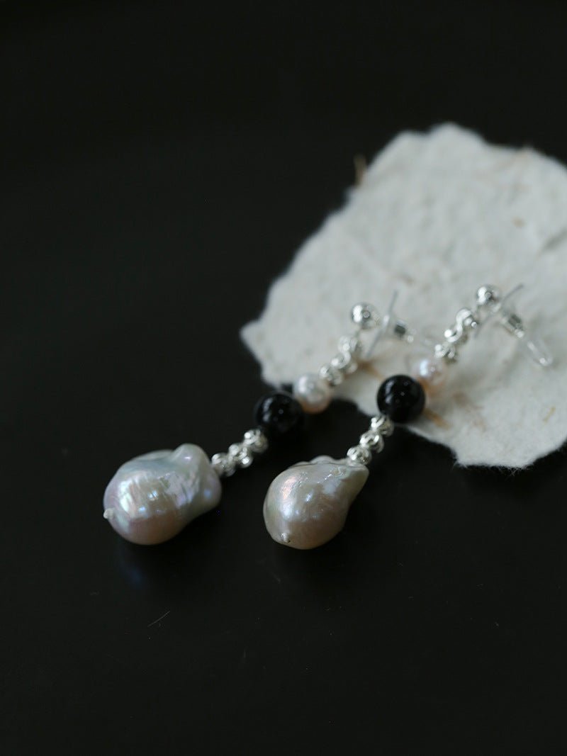 Pearl and Black Onyx Long Drop Earrings - floysun