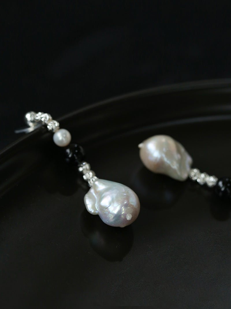 Pearl and Black Onyx Long Drop Earrings - floysun