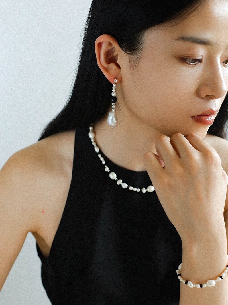 Pearl and Black Onyx Long Drop Earrings - floysun