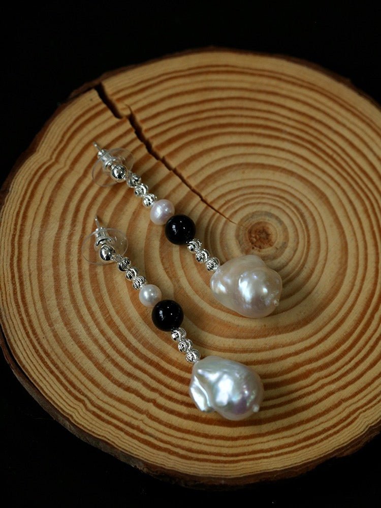 Pearl and Black Onyx Long Drop Earrings - floysun