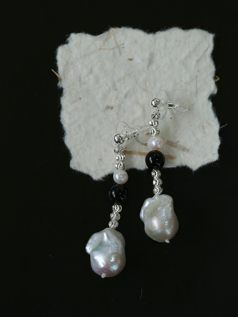 Pearl and Black Onyx Long Drop Earrings - floysun