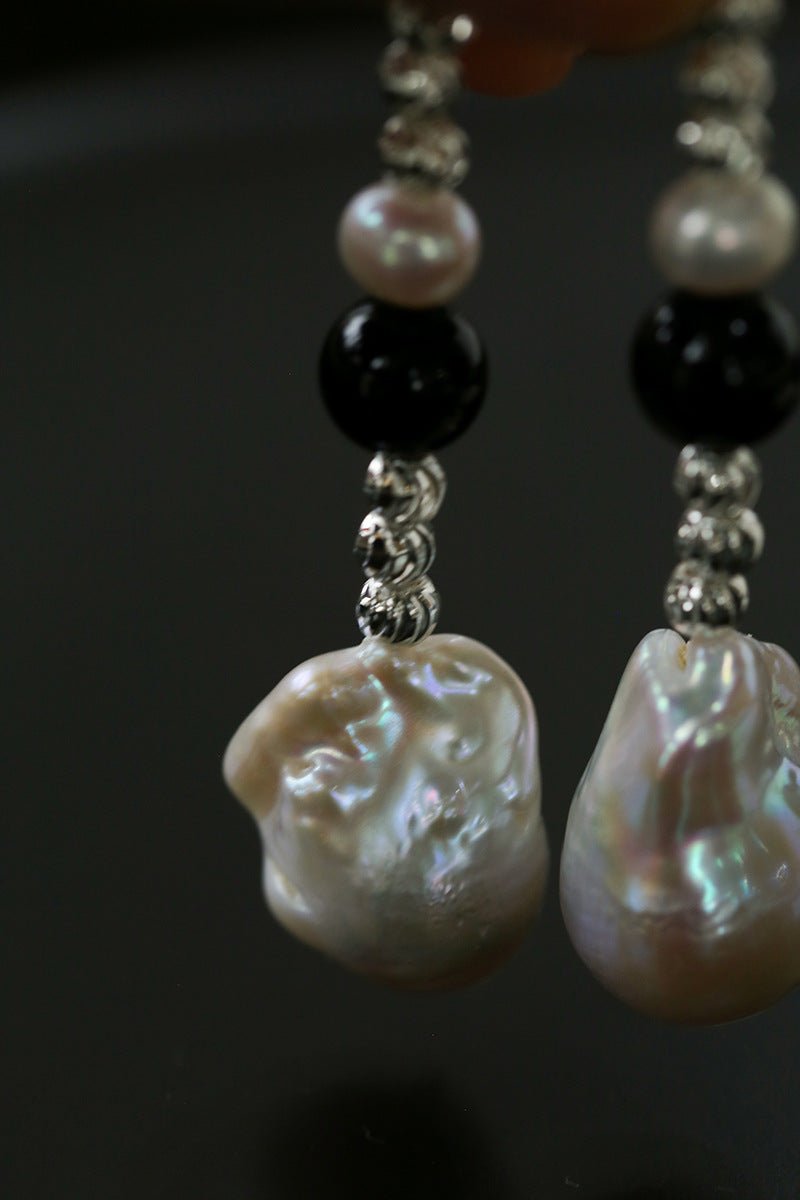 Pearl and Black Onyx Long Drop Earrings - floysun