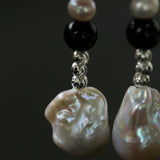 Pearl and Black Onyx Long Drop Earrings - floysun