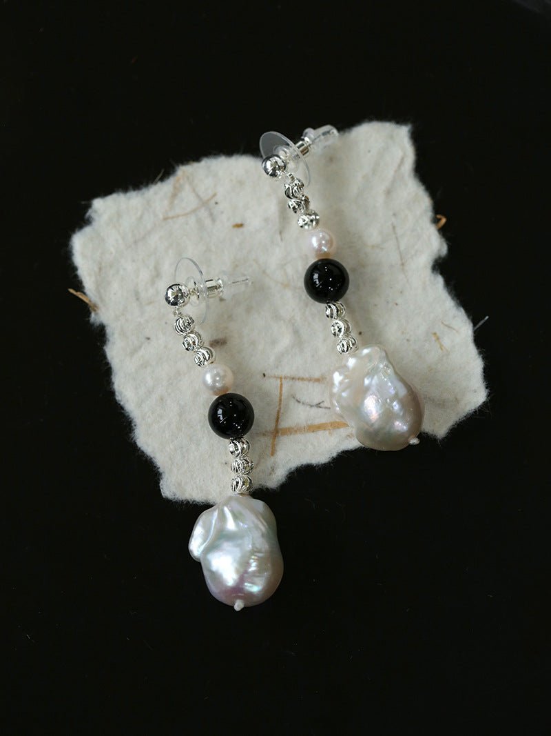 Pearl and Black Onyx Long Drop Earrings - floysun