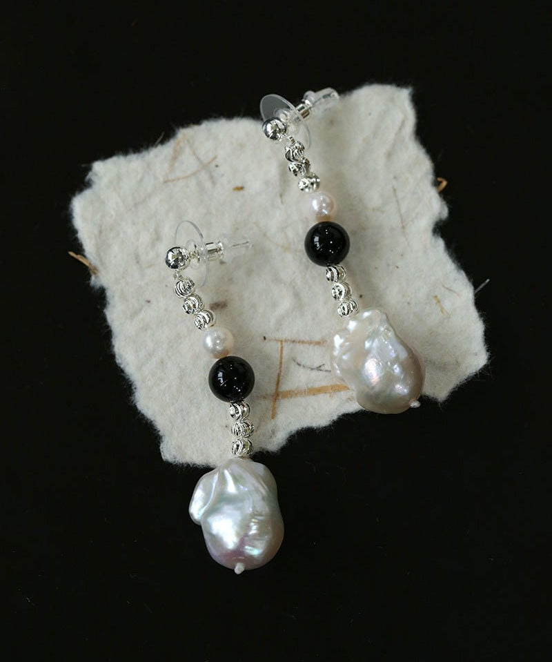 Pearl and Black Onyx Long Drop Earrings - floysun