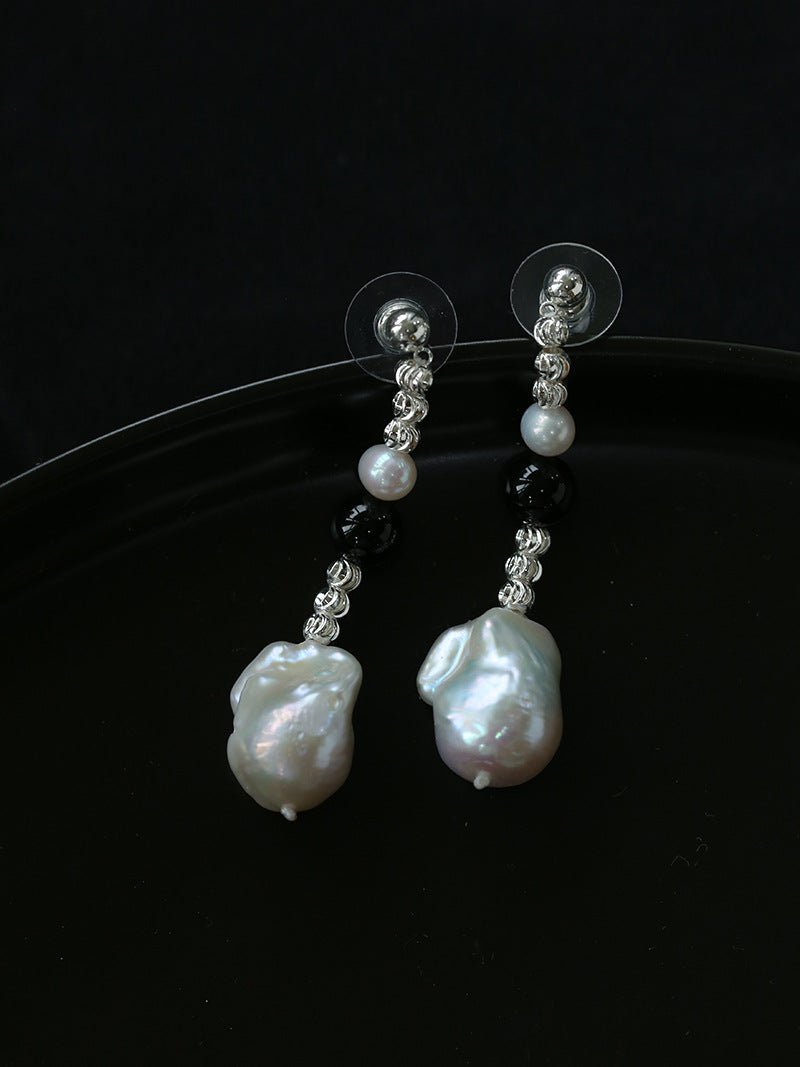 Pearl and Black Onyx Long Drop Earrings - floysun