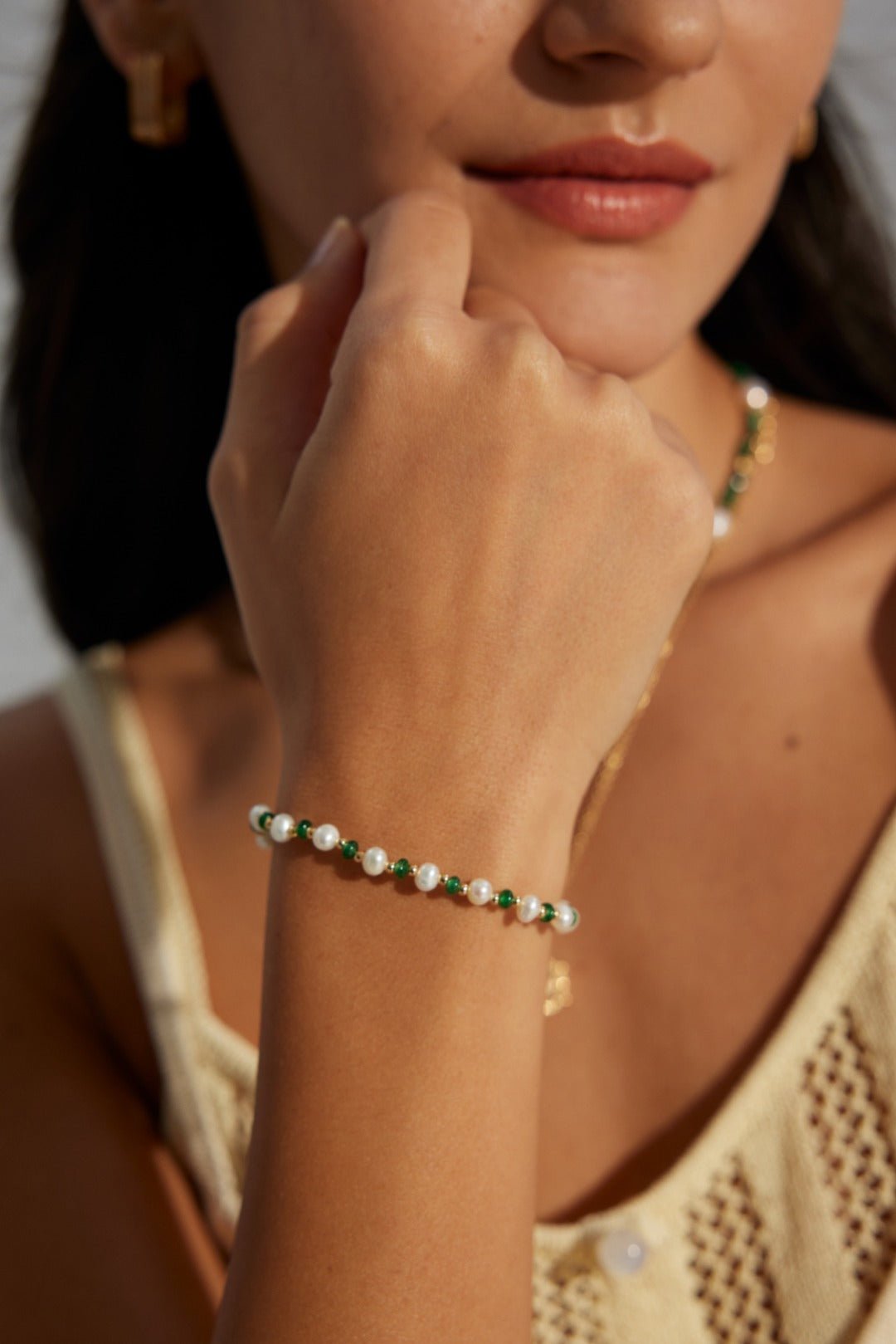 Pearl and Green Gemstone Beaded Bracelet - floysun