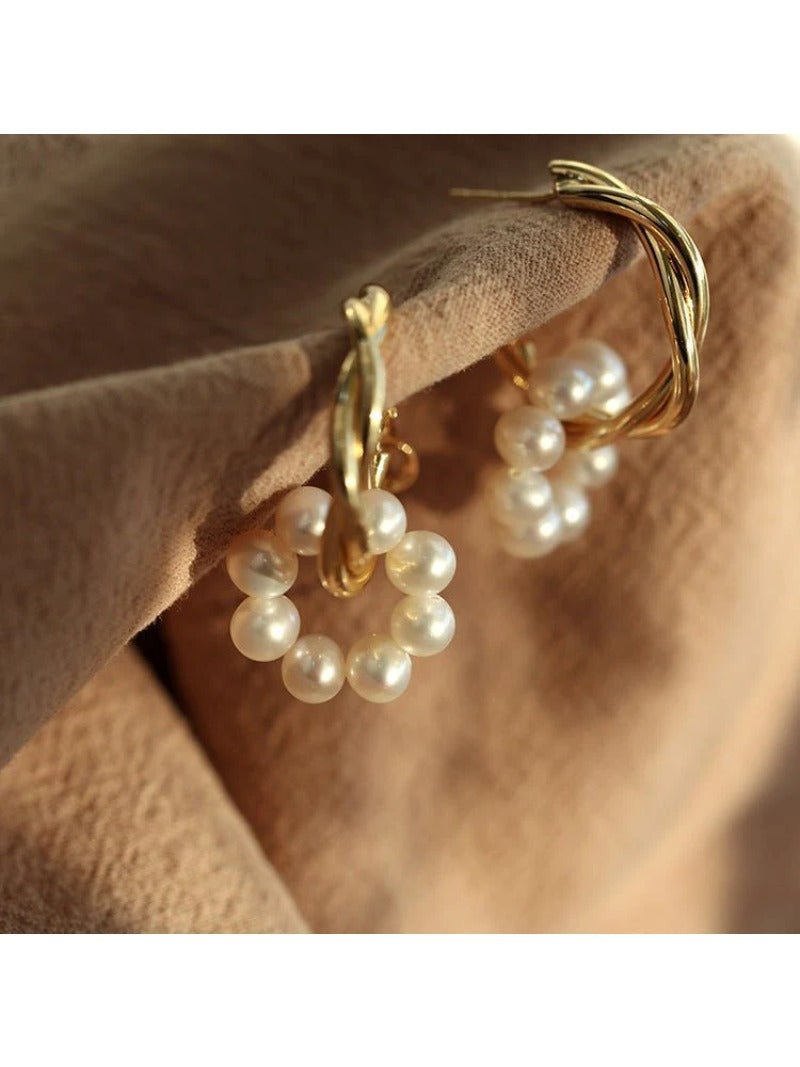 Pearl Floral Drop Hoop Earrings - floysun