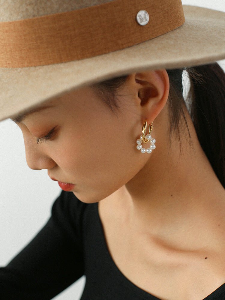 Pearl Floral Drop Hoop Earrings - floysun