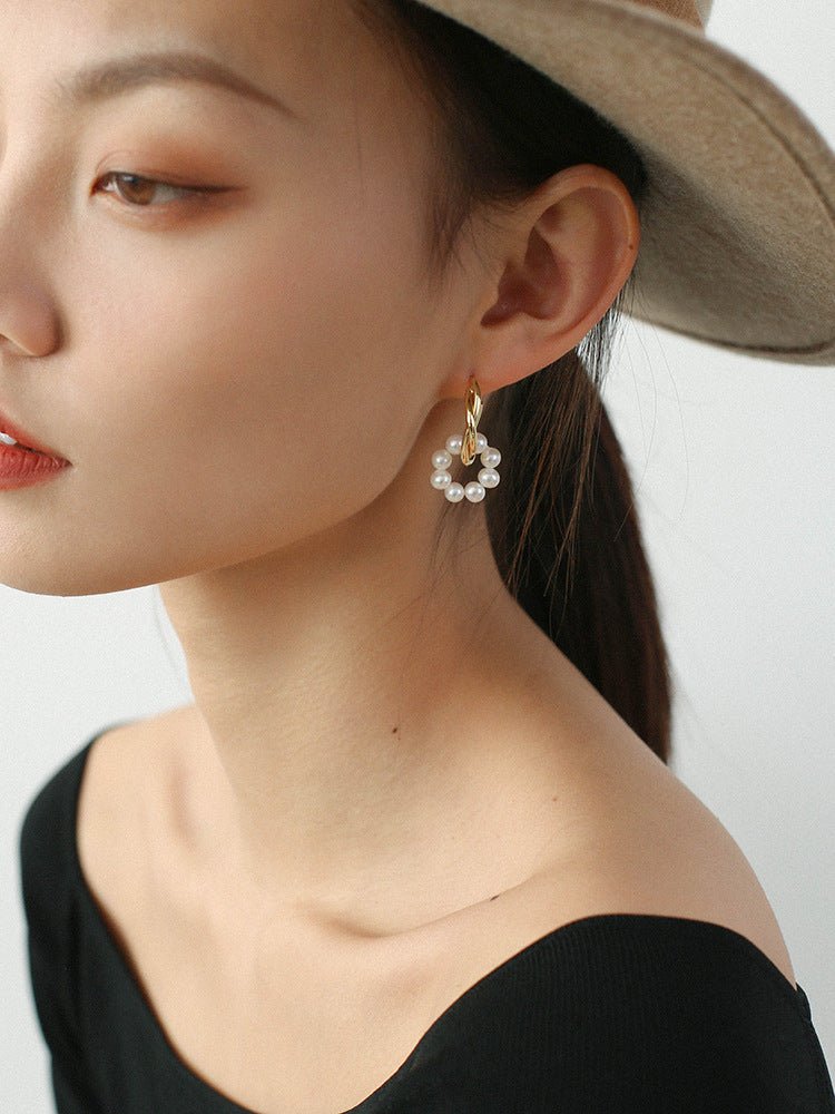 Pearl Floral Drop Hoop Earrings - floysun