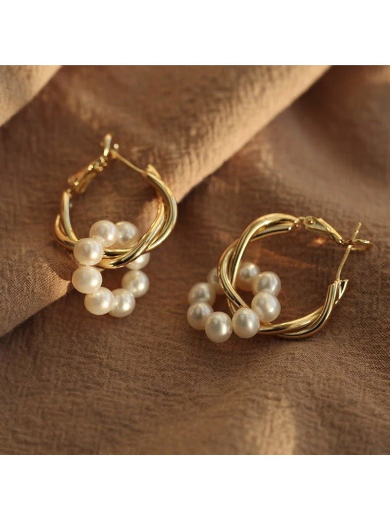 Pearl Floral Drop Hoop Earrings - floysun