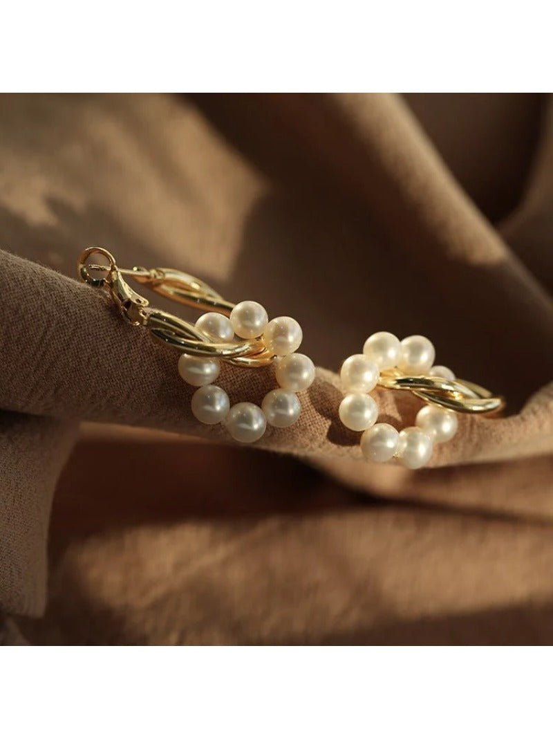 Pearl Floral Drop Hoop Earrings - floysun