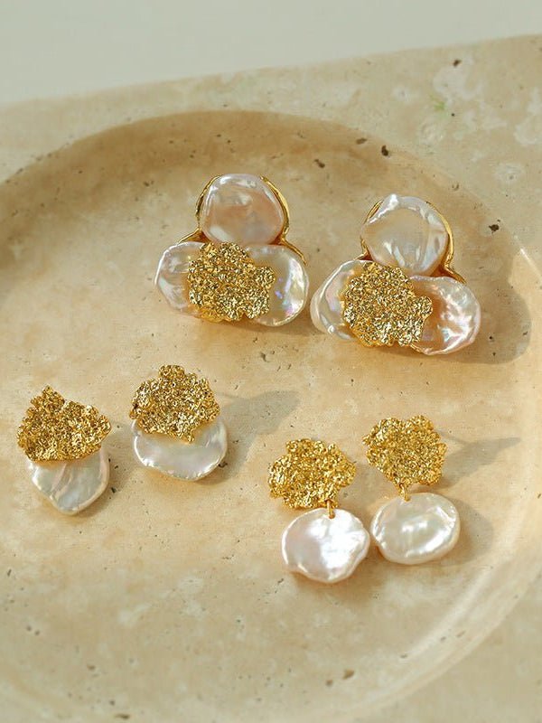 Petal Baroque Pearl Earrings - Three Petal Stud Earrings - floysun