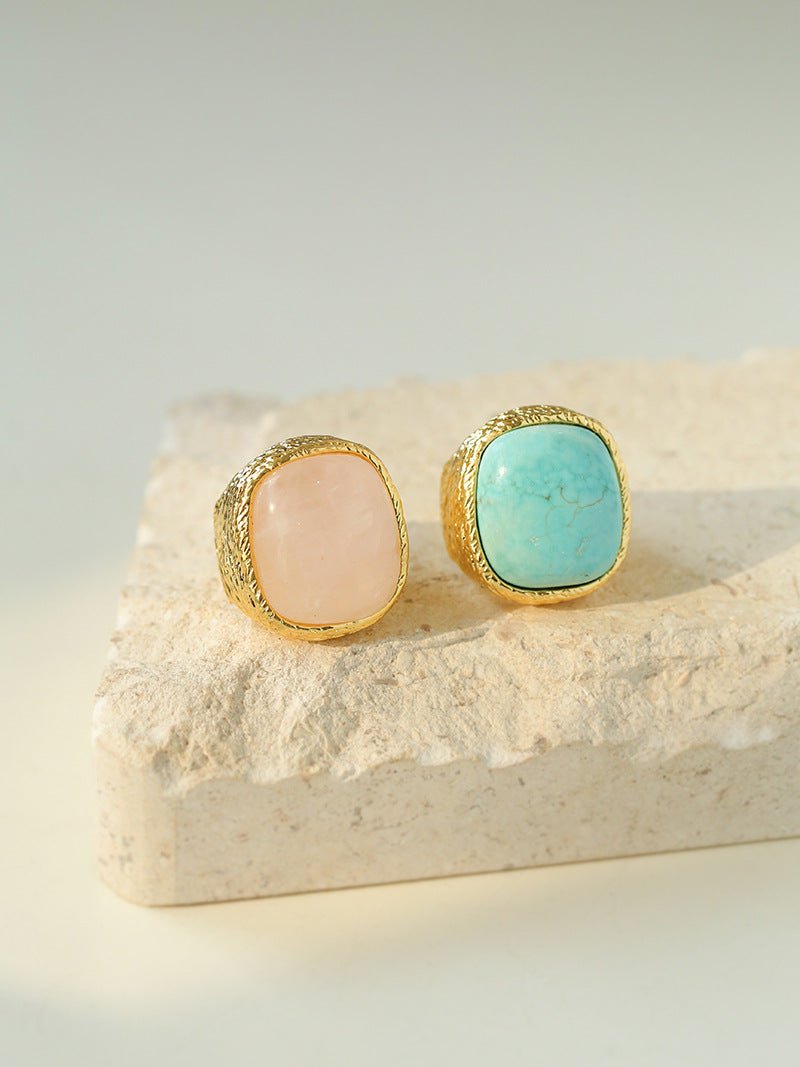 Pink Crystal Turquoise Square Rings - floysun